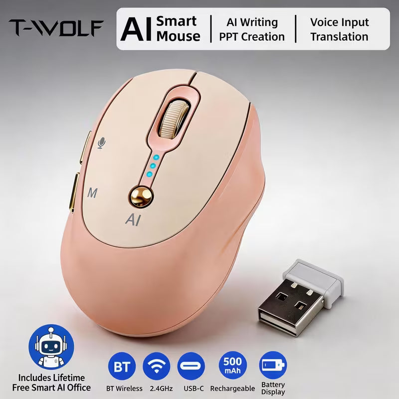 AI Smart Voice Wireless Mouse, One‑Click Voice‑to‑Text, Real‑Time Translation for 40 Languages; 2.4G USB Rechargeable Ergonomic Silent Mouse with Power Display, Compatible with Desktop, Laptop, Mac & Windows for Office, Students & Content Creators